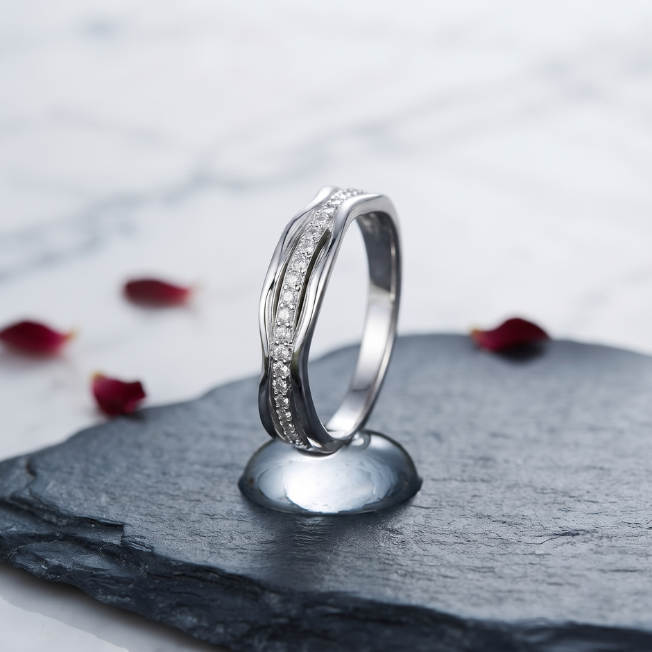 925 Sterling Silver Curved CZ Pavé Band Ring on Black Slate.
