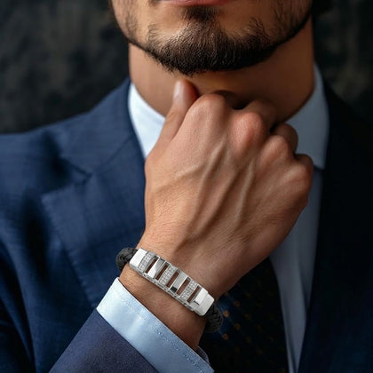 Brown Braided Leather Silver CZ 925 Sterling Silver Bracelet for Men