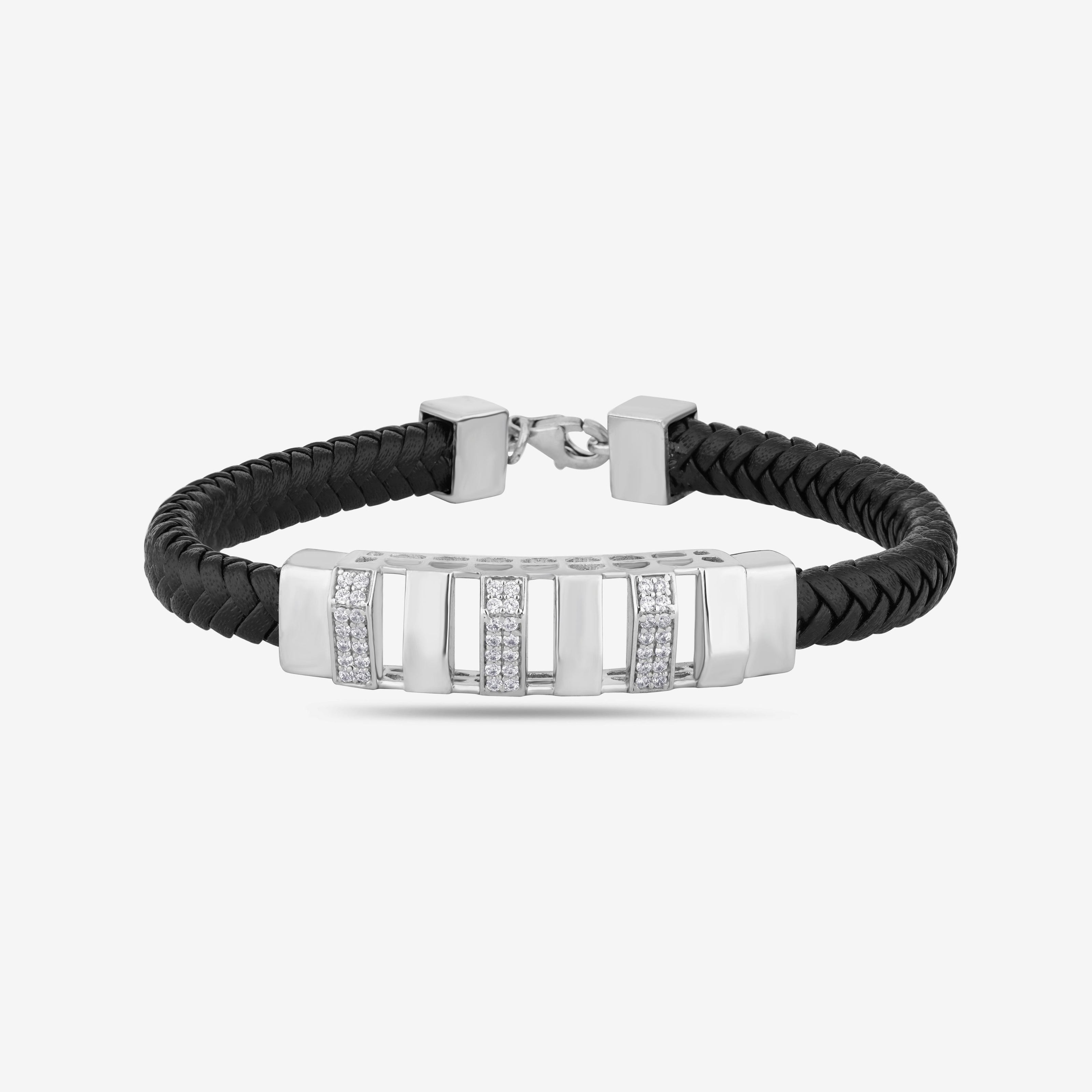 Brown Braided Leather Silver CZ 925 Sterling Silver Bracelet for Men