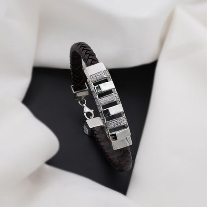 Brown Braided Leather Silver CZ 925 Sterling Silver Bracelet for Men