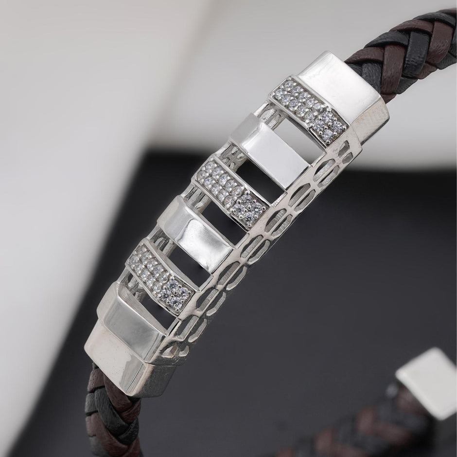Brown Braided Leather Silver CZ 925 Sterling Silver Bracelet for Men