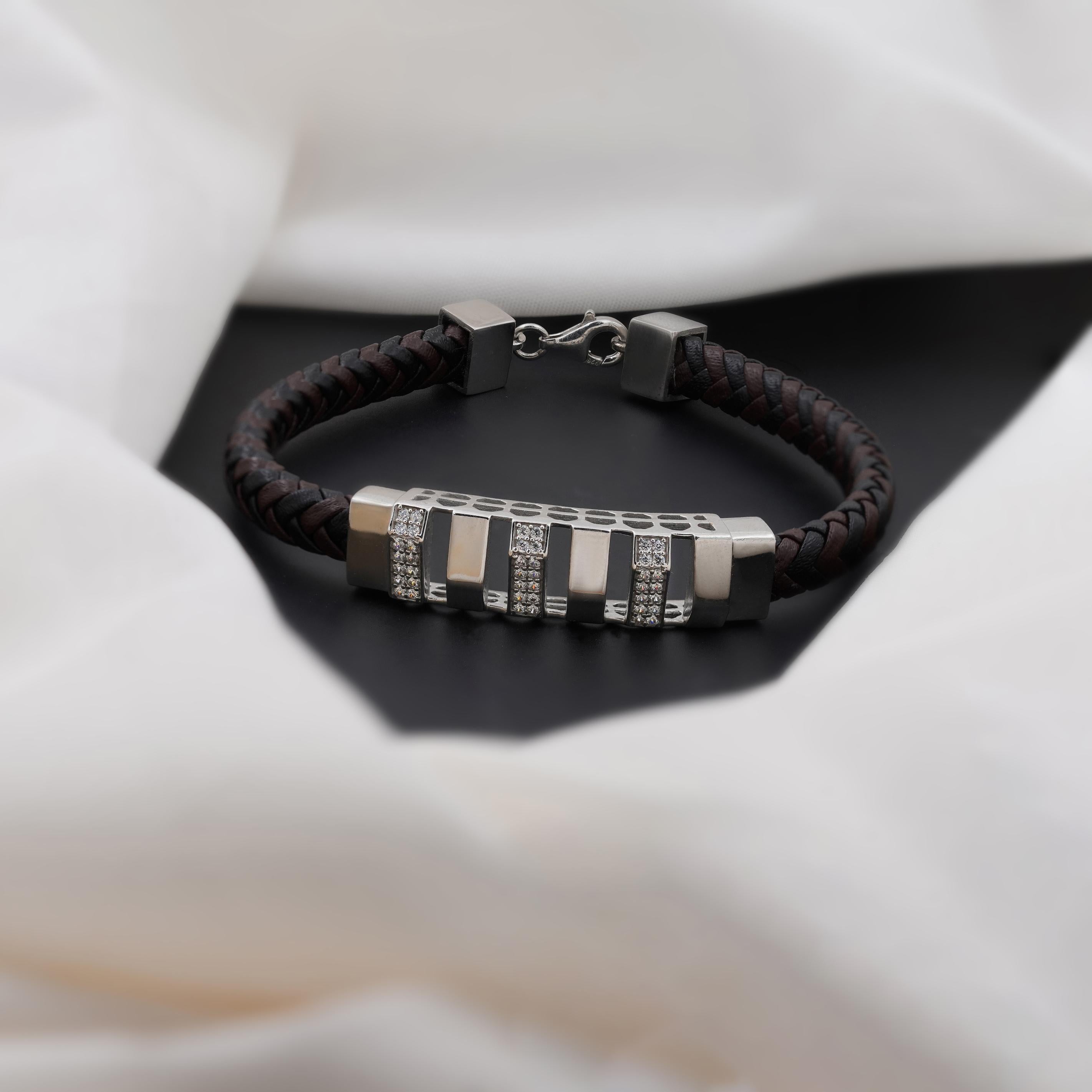Brown Braided Leather Silver CZ 925 Sterling Silver Bracelet for Men