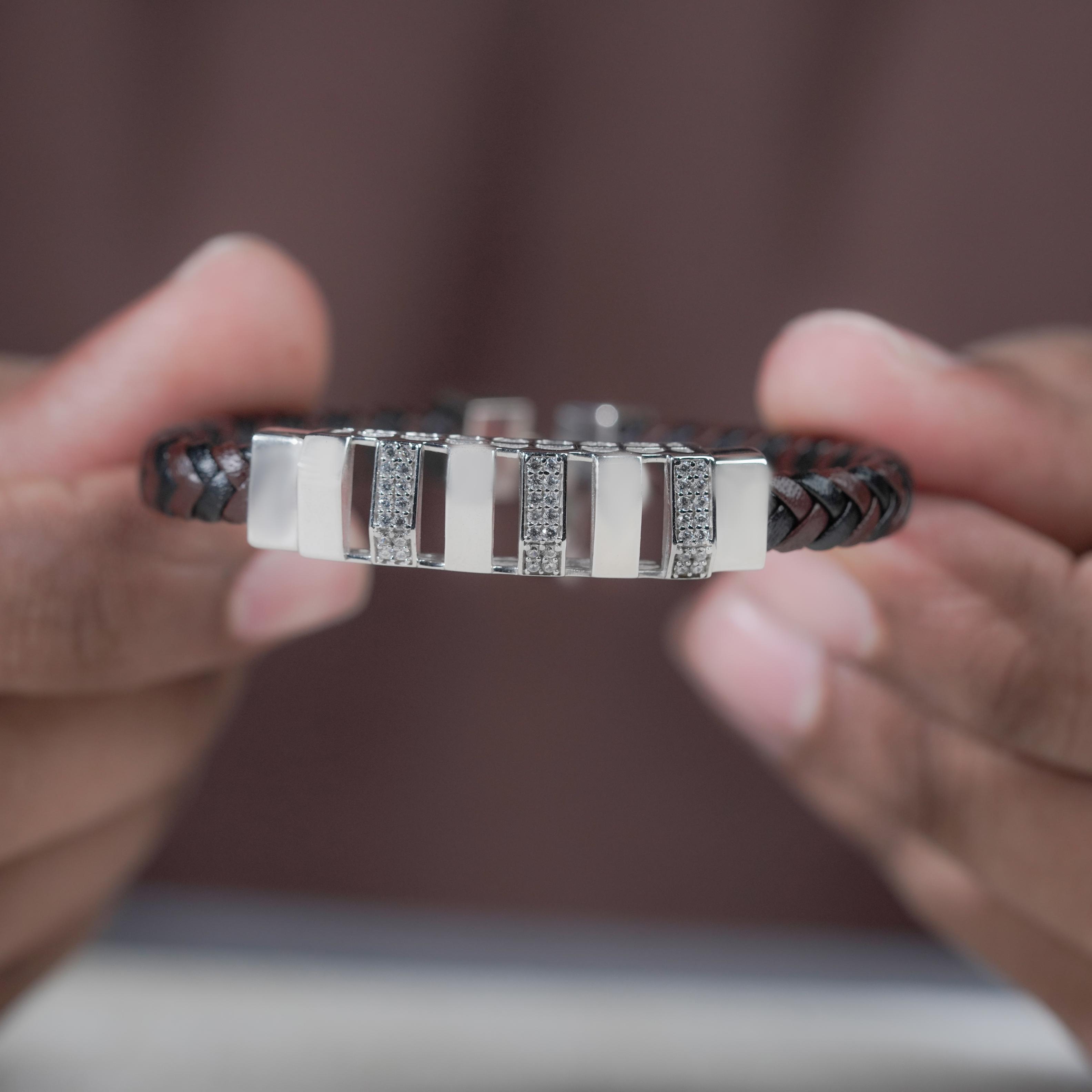 Brown Braided Leather Silver CZ 925 Sterling Silver Bracelet for Men