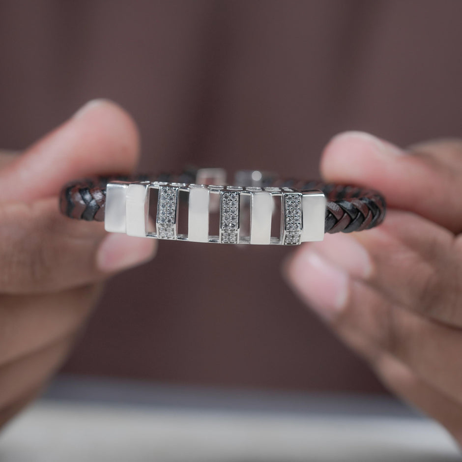 Brown Braided Leather Silver CZ 925 Sterling Silver Bracelet for Men