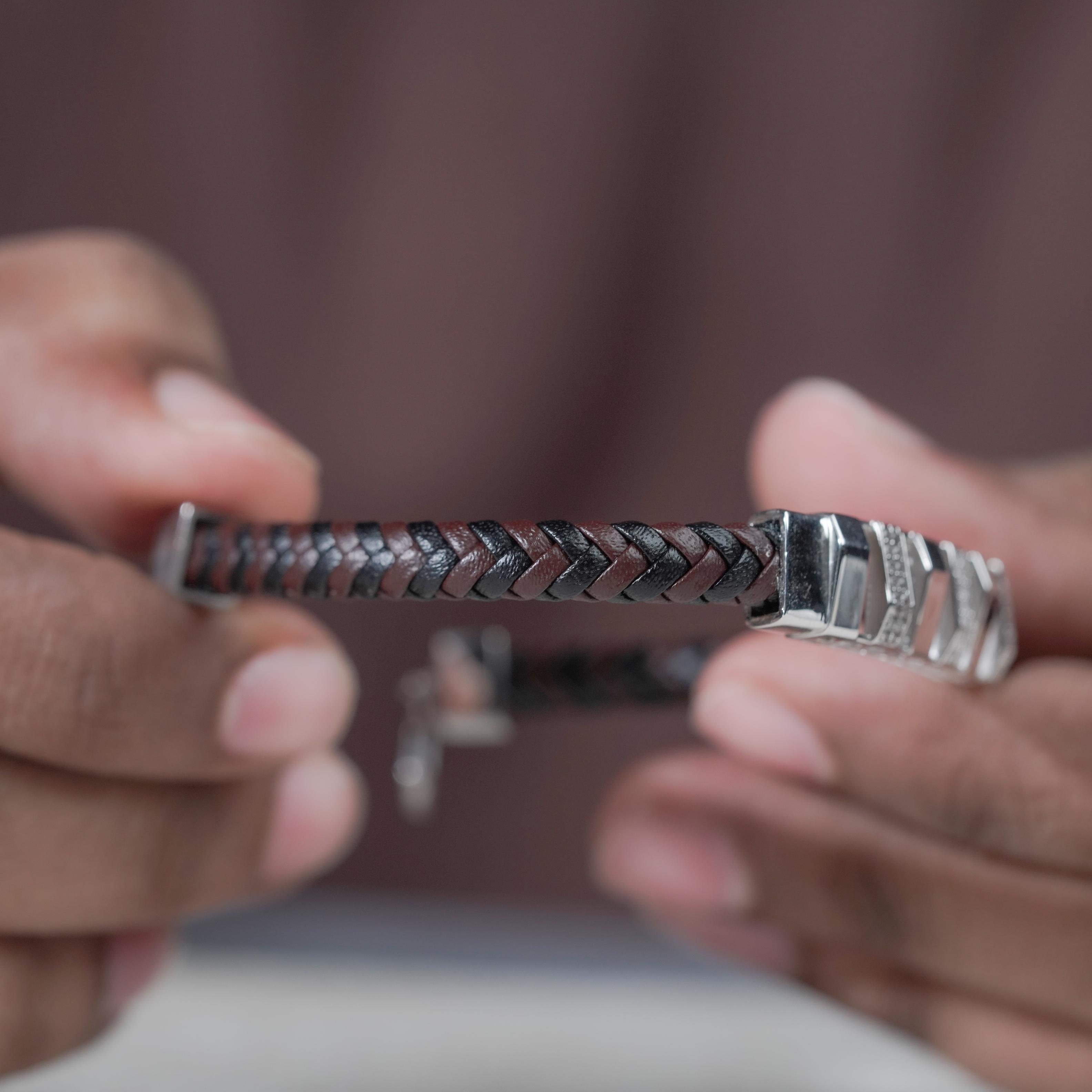 Brown Braided Leather Silver CZ 925 Sterling Silver Bracelet for Men