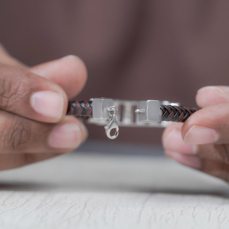 Brown Braided Leather Silver CZ 925 Sterling Silver Bracelet for Men
