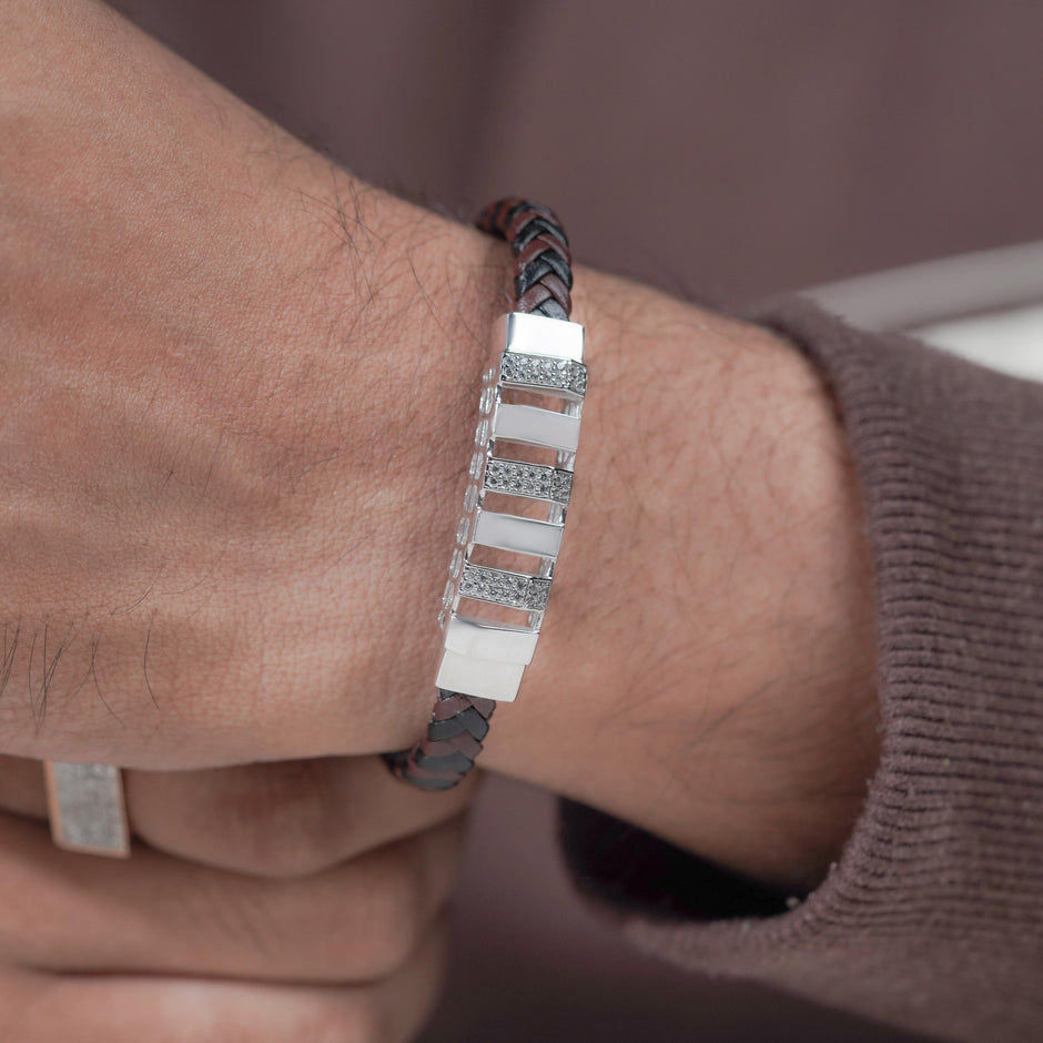 Brown Braided Leather Silver CZ 925 Sterling Silver Bracelet for Men