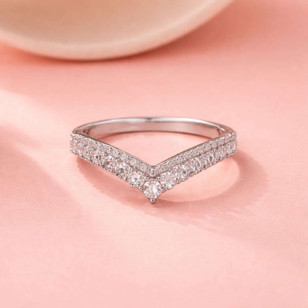 V Shape CZ Diamond Ring on Hand