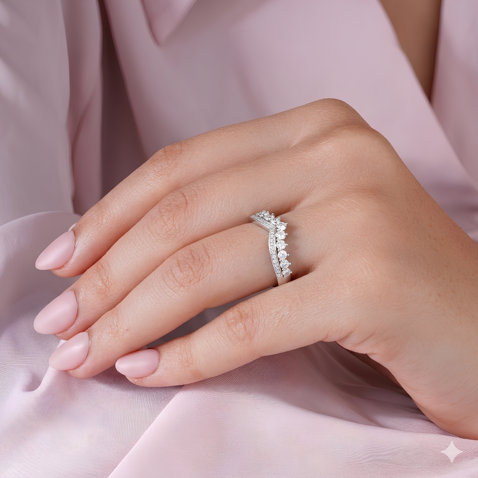 V Shape CZ Diamond Ring on Hand