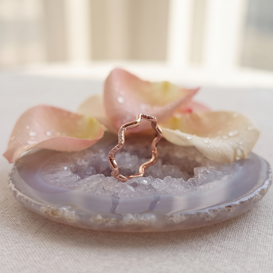 925 Sterling Silver Rose Gold Wavy CZ Ring for Women