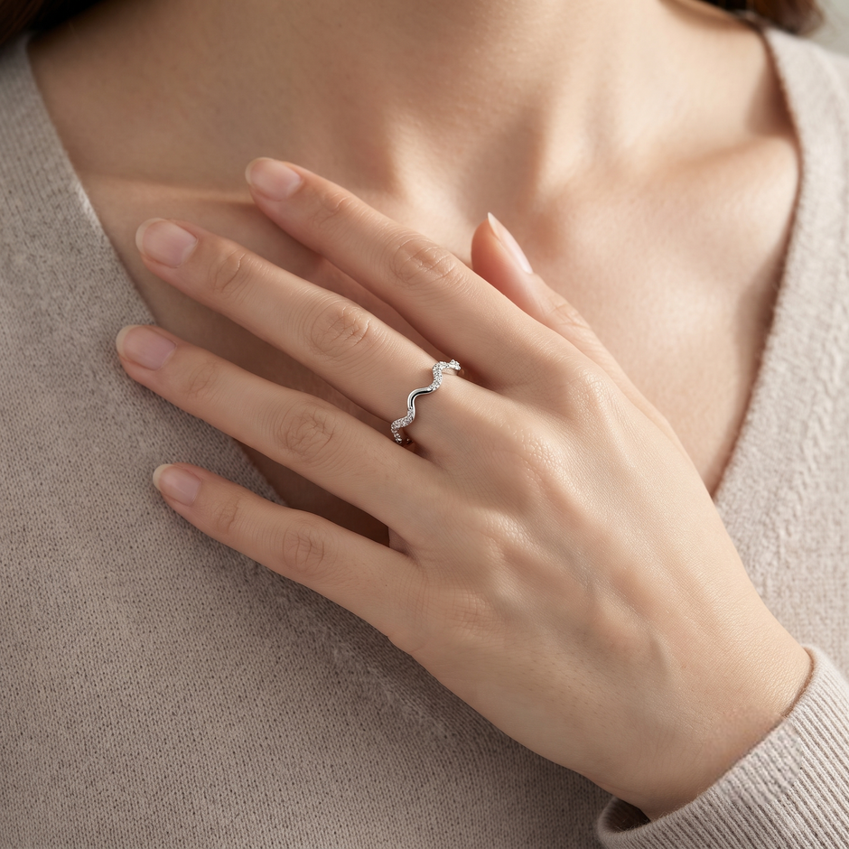 Wavy Pavé Open Ring in 925 Sterling Silver for Women