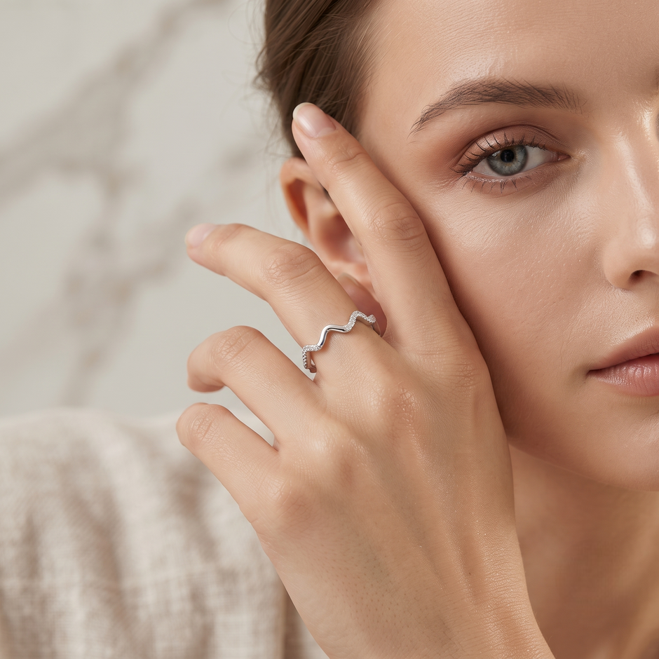 Wavy Pavé Open Ring in 925 Sterling Silver for Women