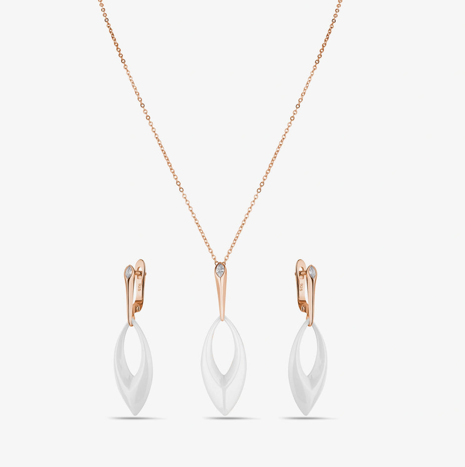 White Enamel Inlay 925 Sterling Silver Rose Gold Pendant Set for Women