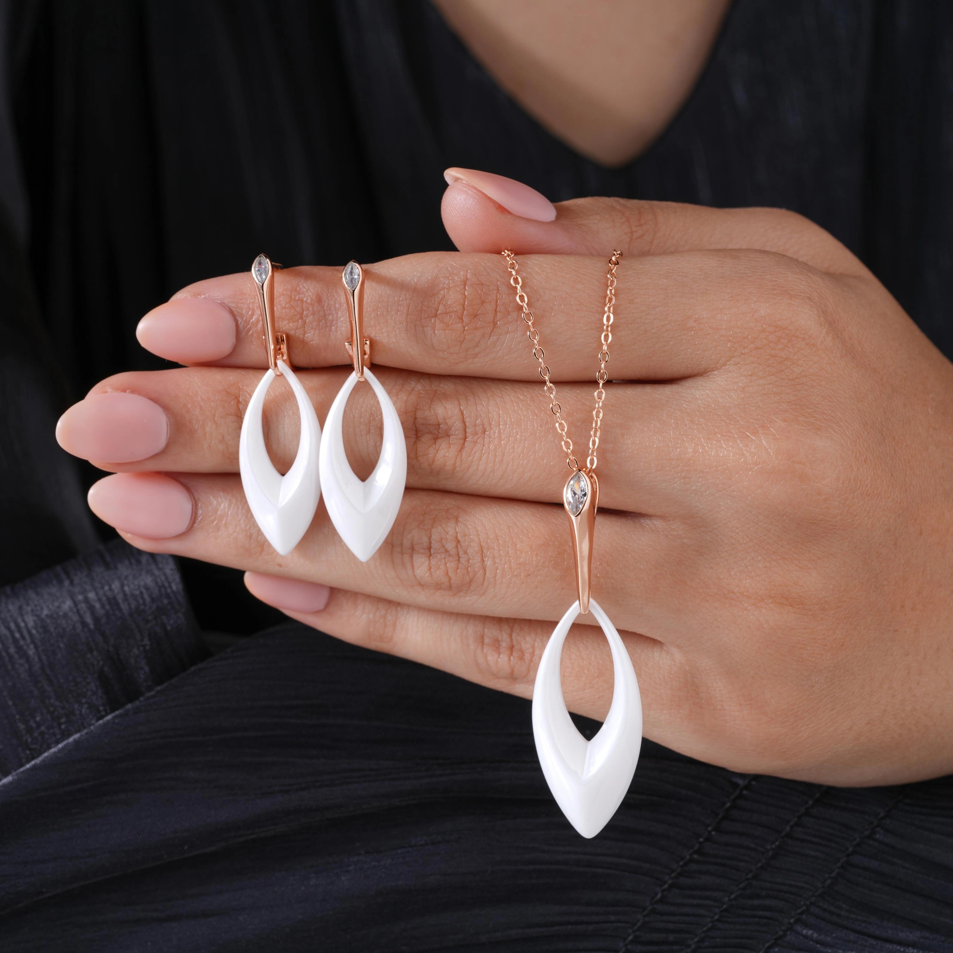 White Enamel Inlay 925 Sterling Silver Rose Gold Pendant Set for Women