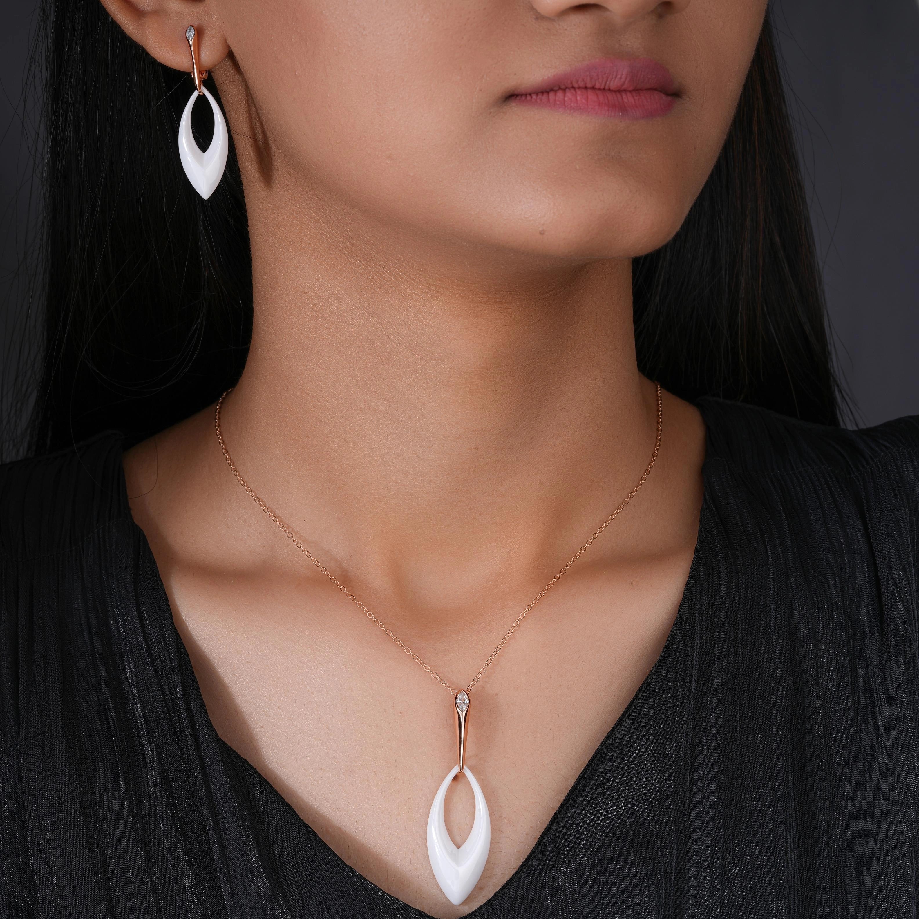 White Enamel Inlay 925 Sterling Silver Rose Gold Pendant Set for Women