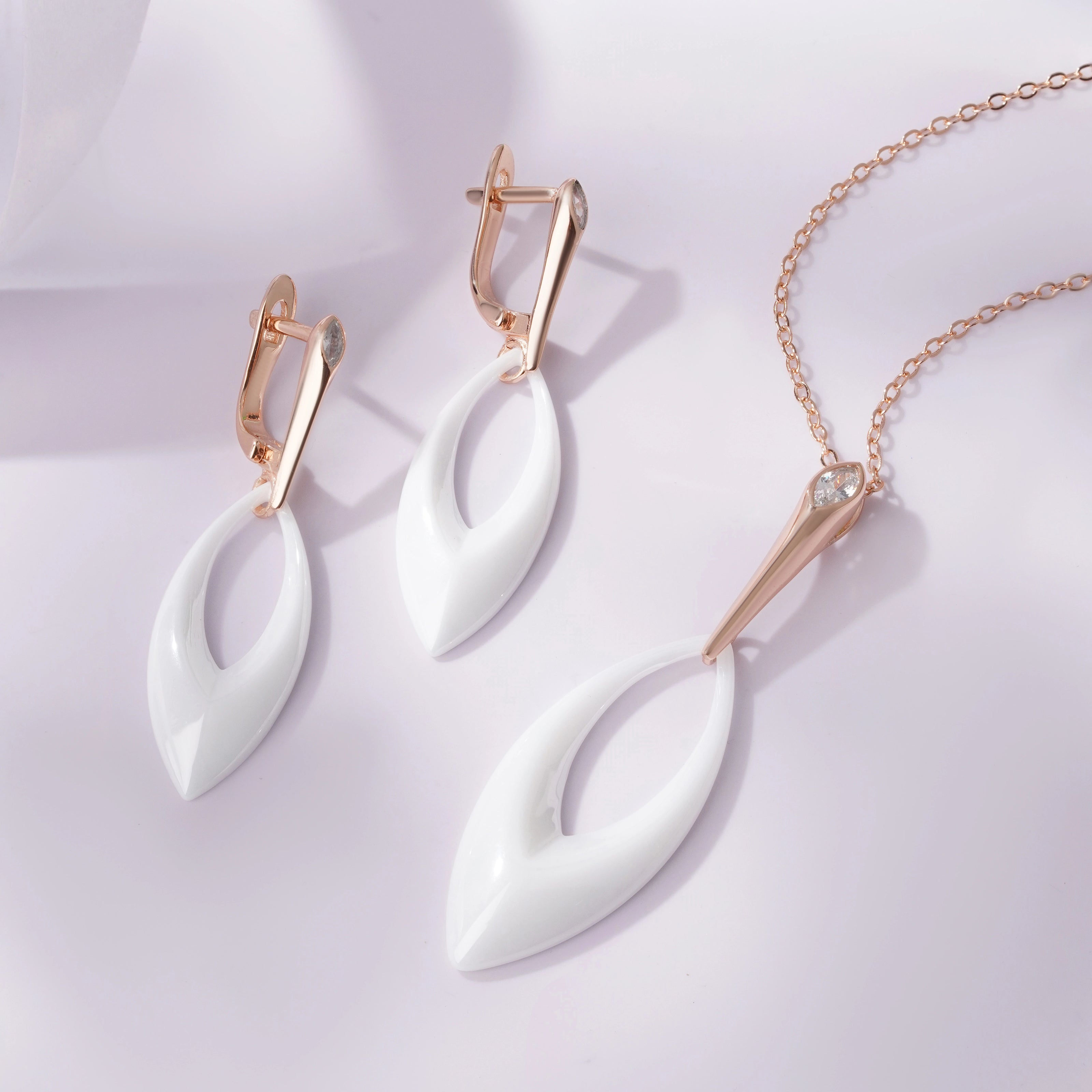 White Enamel Inlay 925 Sterling Silver Rose Gold Pendant Set for Women