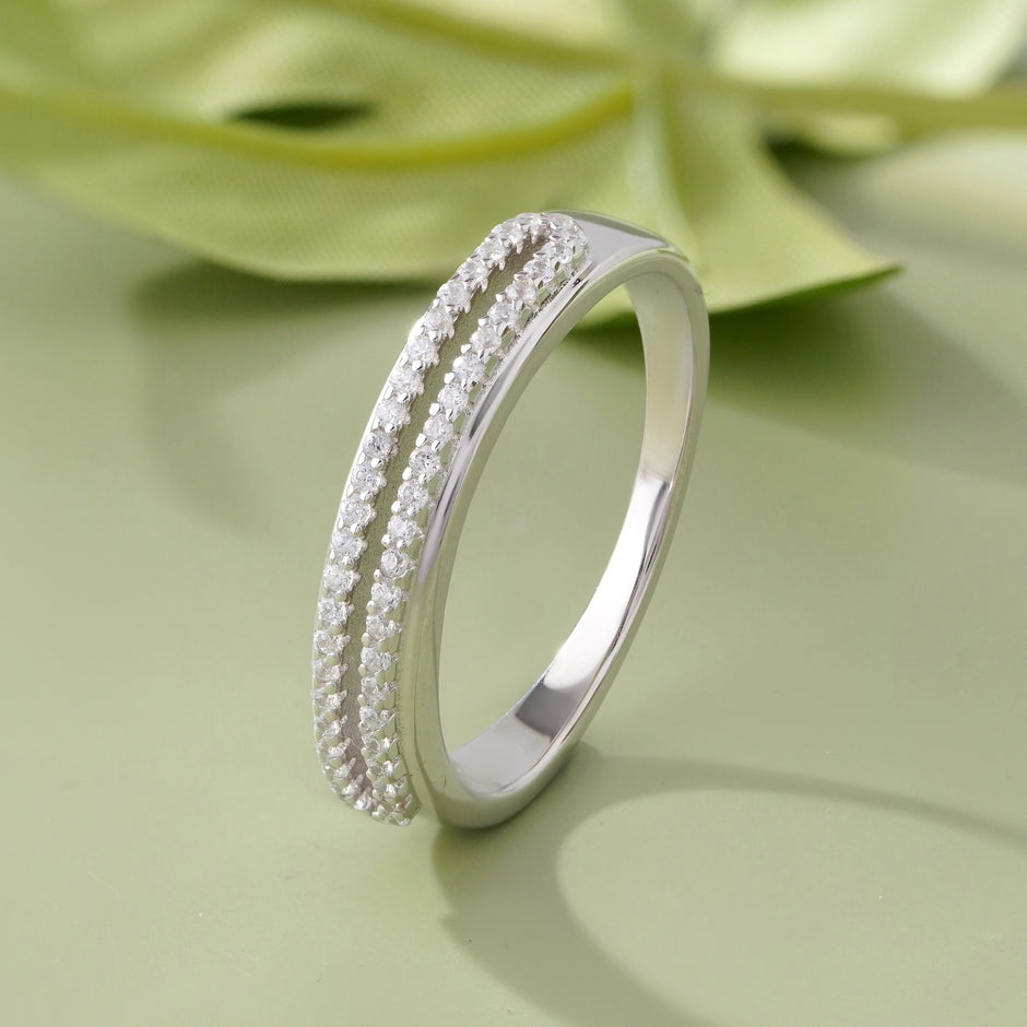 Double Row Diamond Silver Ring