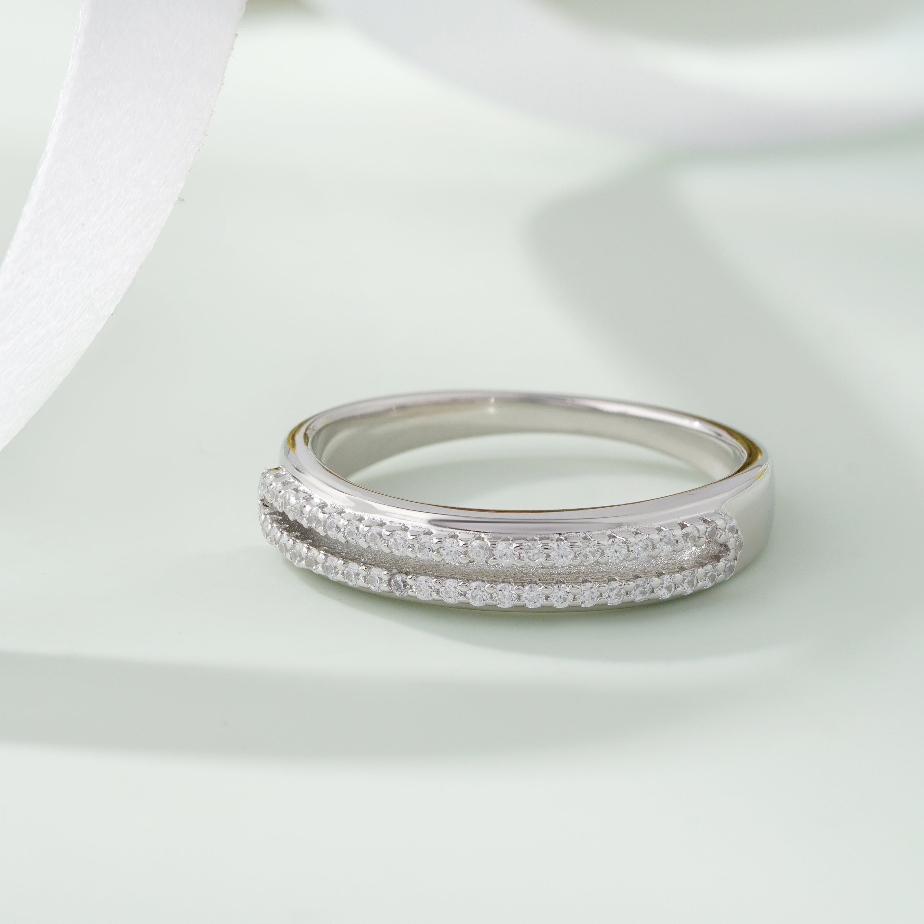 Double Row Diamond Silver Ring