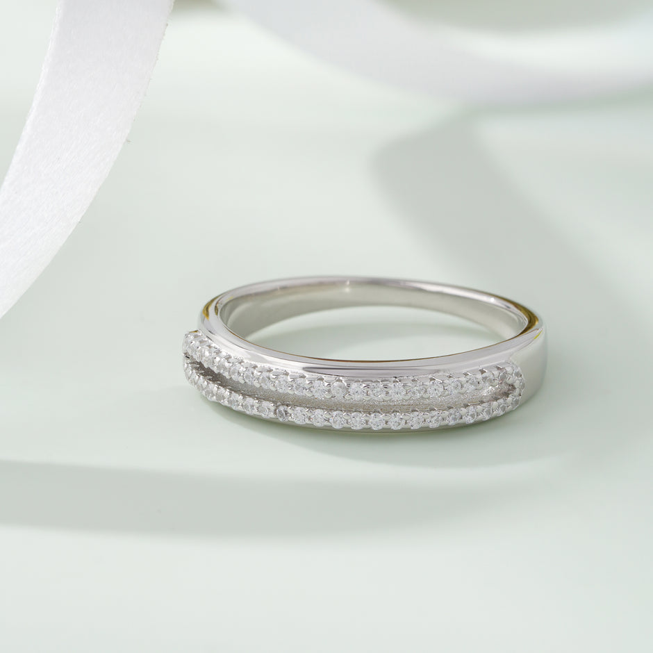 Double Row Diamond Silver Ring