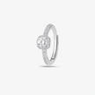 925 sterling silver halo engagement ring with a round brilliant-cut center stone and pavé band, worn on a woman's hand against a soft white background.