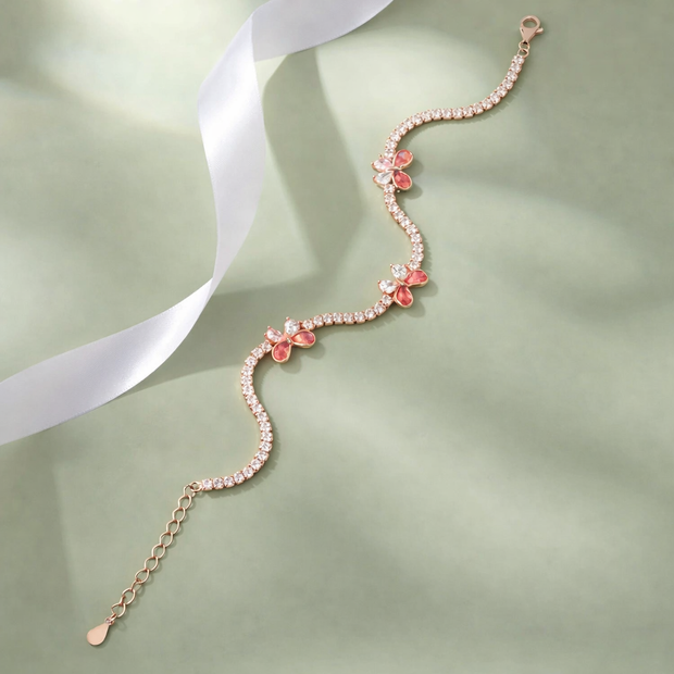 Peach Stone Butterfly Diamond 925 Sterling Silver Rose Gold Tennis Bracelet for Women