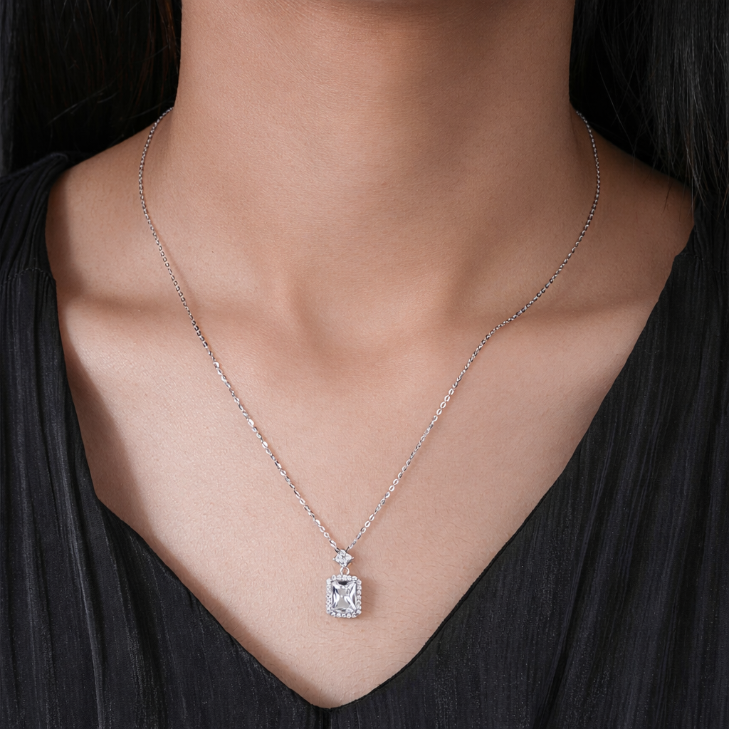 Square Design Cushion Cut Diamond CZ 925 Sterling Silver Pendant Set for Women