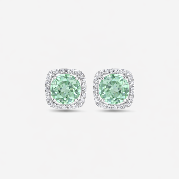Green Stone White Diamond Halo 925 Sterling Silver Stud Earrings for Women