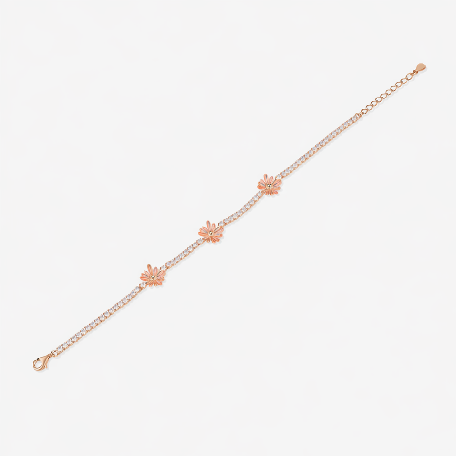 Peach Flower Design Diamond 925 Sterling Silver Rose Gold Bracelet for Women