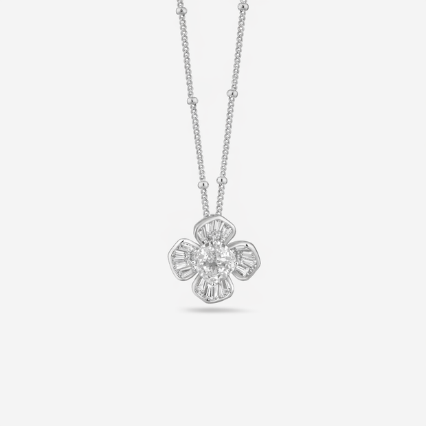 Flower Design White Stone 925 Sterling Silver Pendant Chain for Women