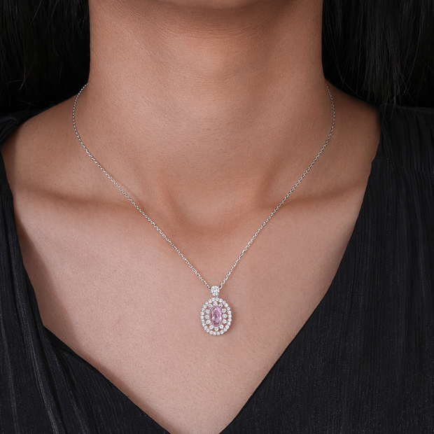 Oval Design Diamond CZ 925 Sterling Silver Pendant Chain for Women