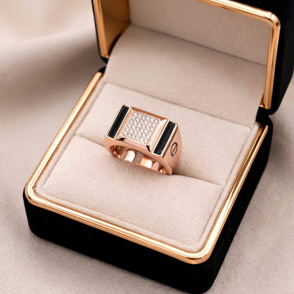 Rose Gold Rectangle Black CZ 925 Sterling Silver Ring for Men