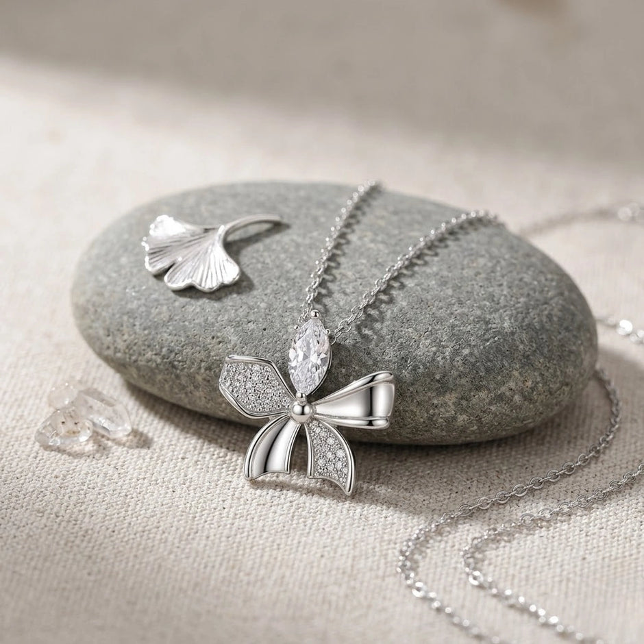 Bow Diamond 925 Sterling Silver Pendant Chain for Women