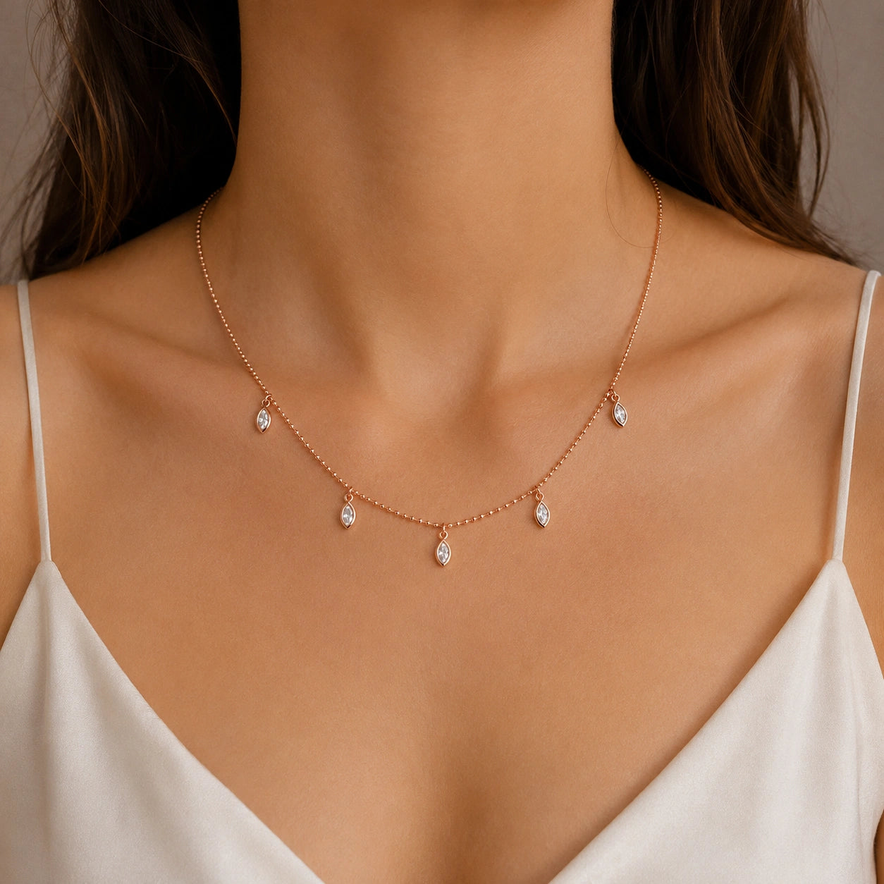 Rose Gold Multi Marquise Leaf Sparkle 925 Sterling Silver Pendant Chain for Women