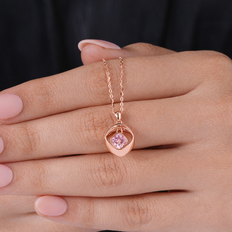 Blush pink Square Diamond Glow 925 Sterling Silver Rose Gold Pendant Chain for Women