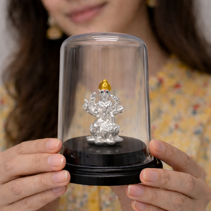 Blessed Goddess Lakshmi Pure Silver Murti with Glass Dome