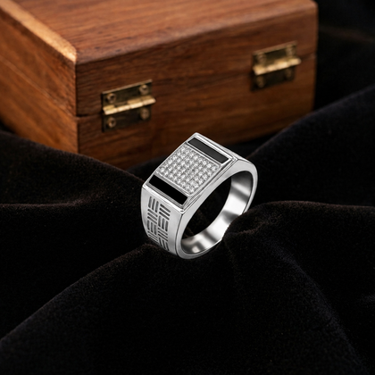 Rectangular CZ Top with Black Enamel & Patterned Band 925 Sterling Silver Men's Ring