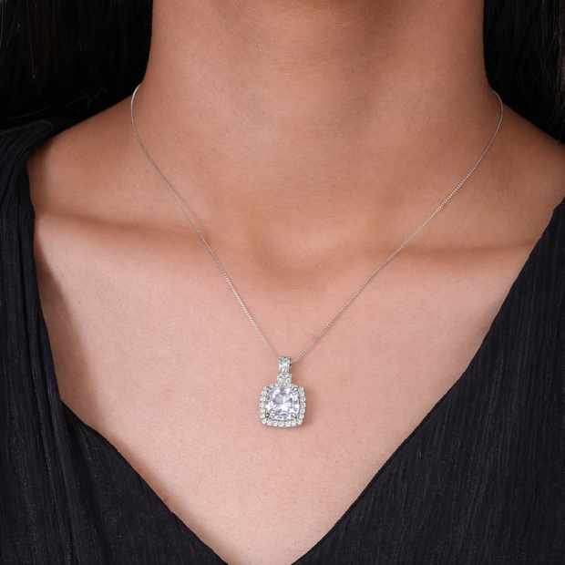 Crystal Halo White Diamond 925 Sterling Silver Pendant Chain for Women