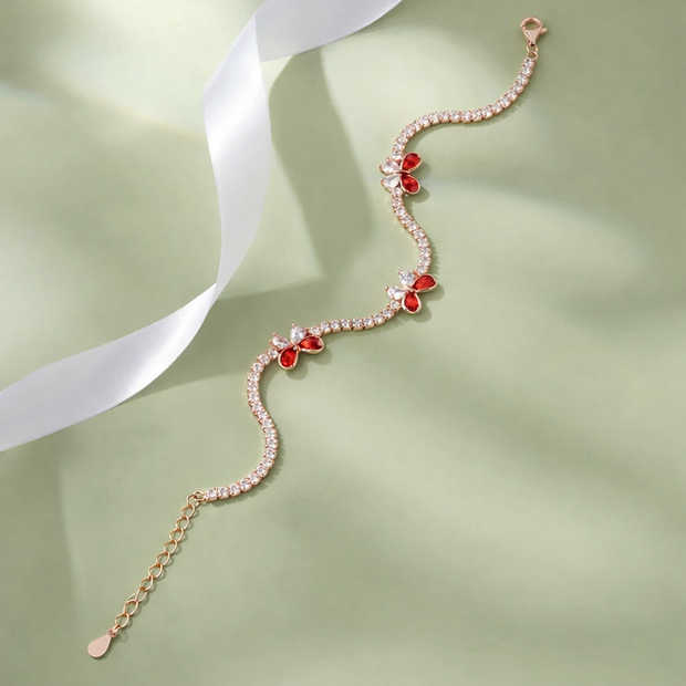 Red Butterfly Diamond CZ 925 Sterling Silver Rose Gold Adjustable Bracelet for Women