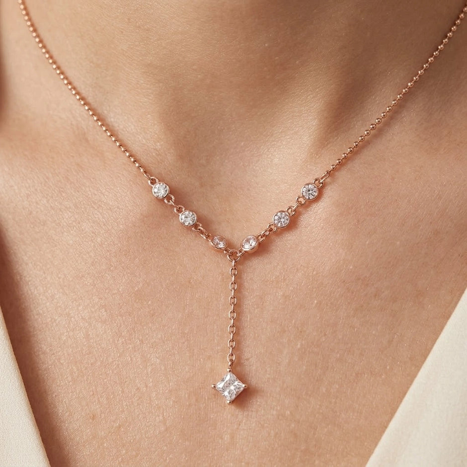 Rose Gold Drop CZ 925 Sterling Silver Chain Pendant for Women