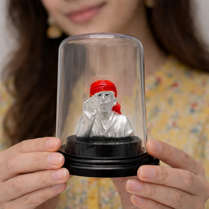 Blessing Sai Baba Pure Silver Murti with Glass Dome
