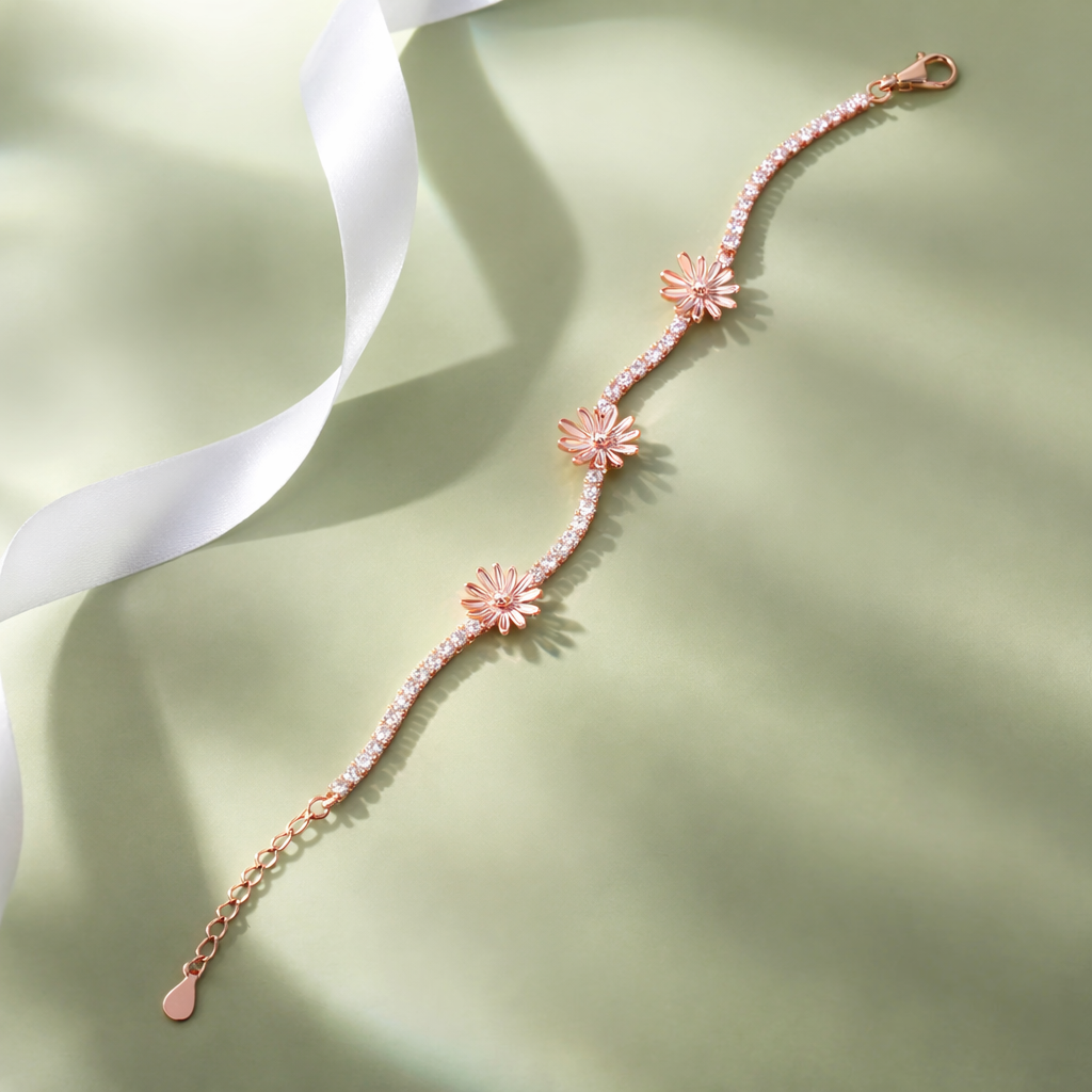 Peach Flower Design Diamond 925 Sterling Silver Rose Gold Bracelet for Women