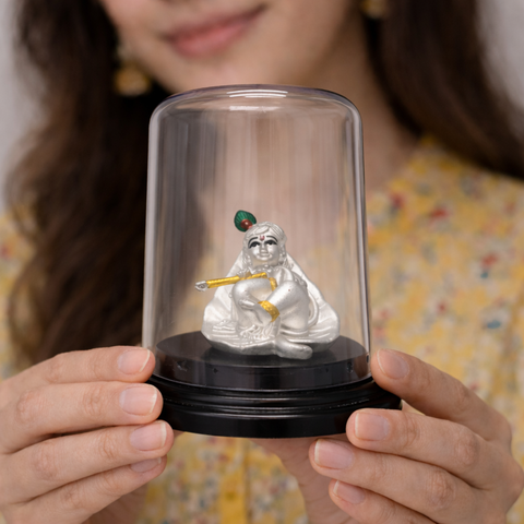 Divine Baby Krishna Silver Murti with Glass Dome