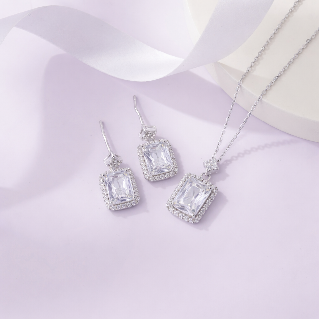 Square Design Cushion Cut Diamond CZ 925 Sterling Silver Pendant Set for Women