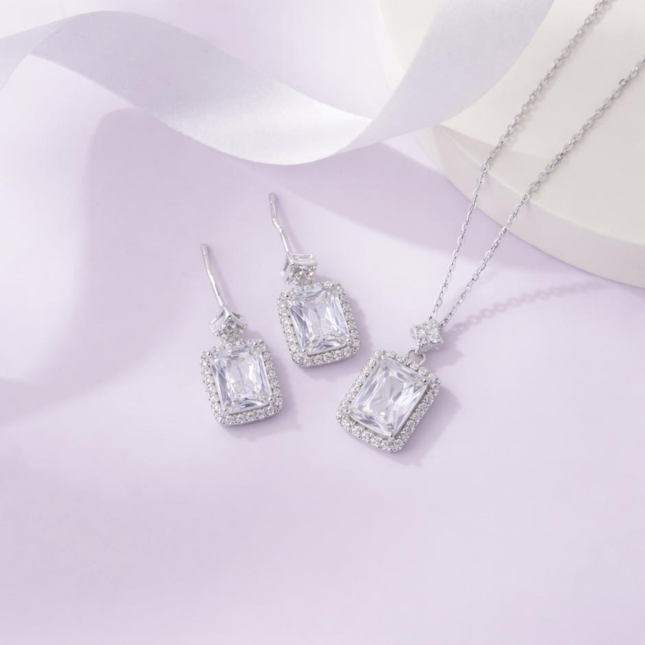 Square Design Cushion Cut Diamond CZ 925 Sterling Silver Pendant Set for Women