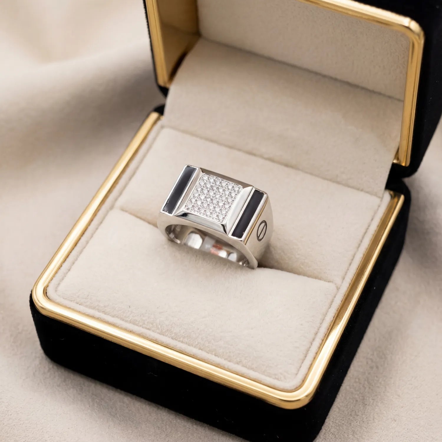 Black Inlay Rectangle Pavé 925 Sterling Silver Ring for Men