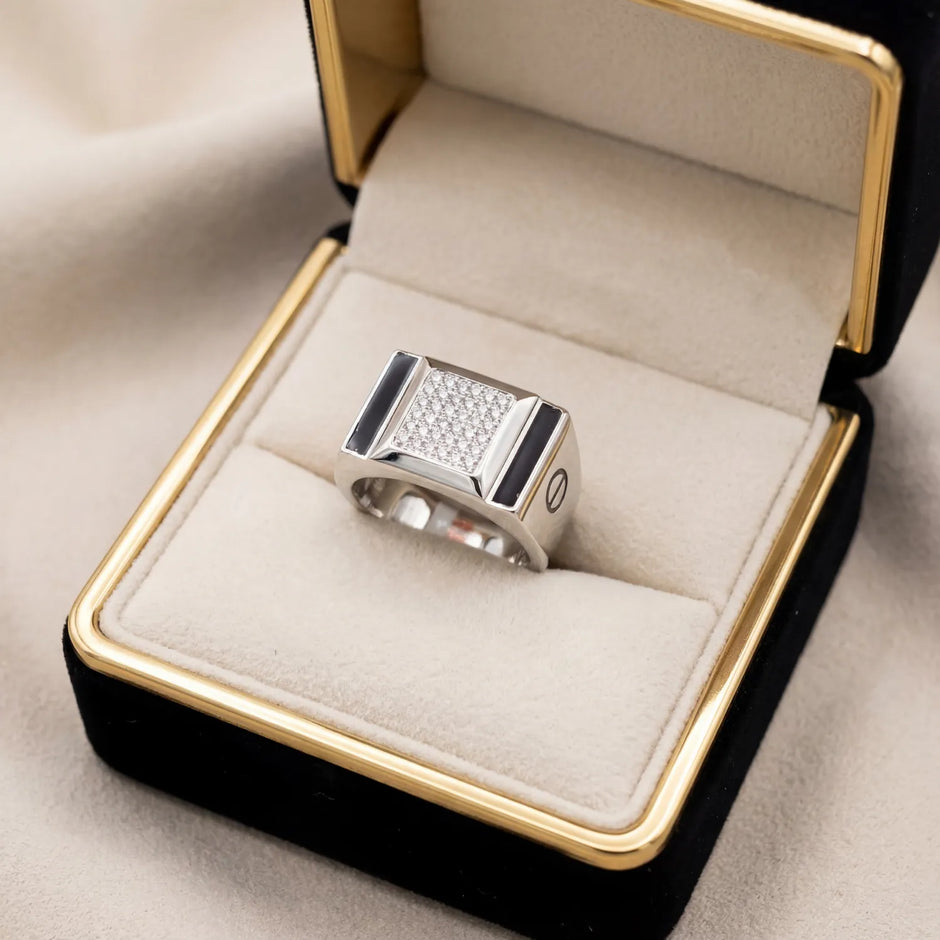 Black Inlay Rectangle Pavé 925 Sterling Silver Ring for Men