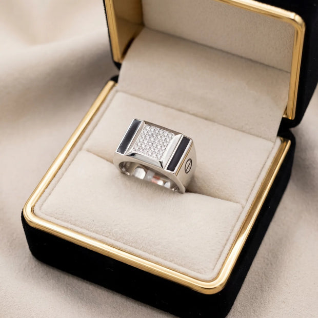 Black Inlay Rectangle Pavé 925 Sterling Silver Ring for Men