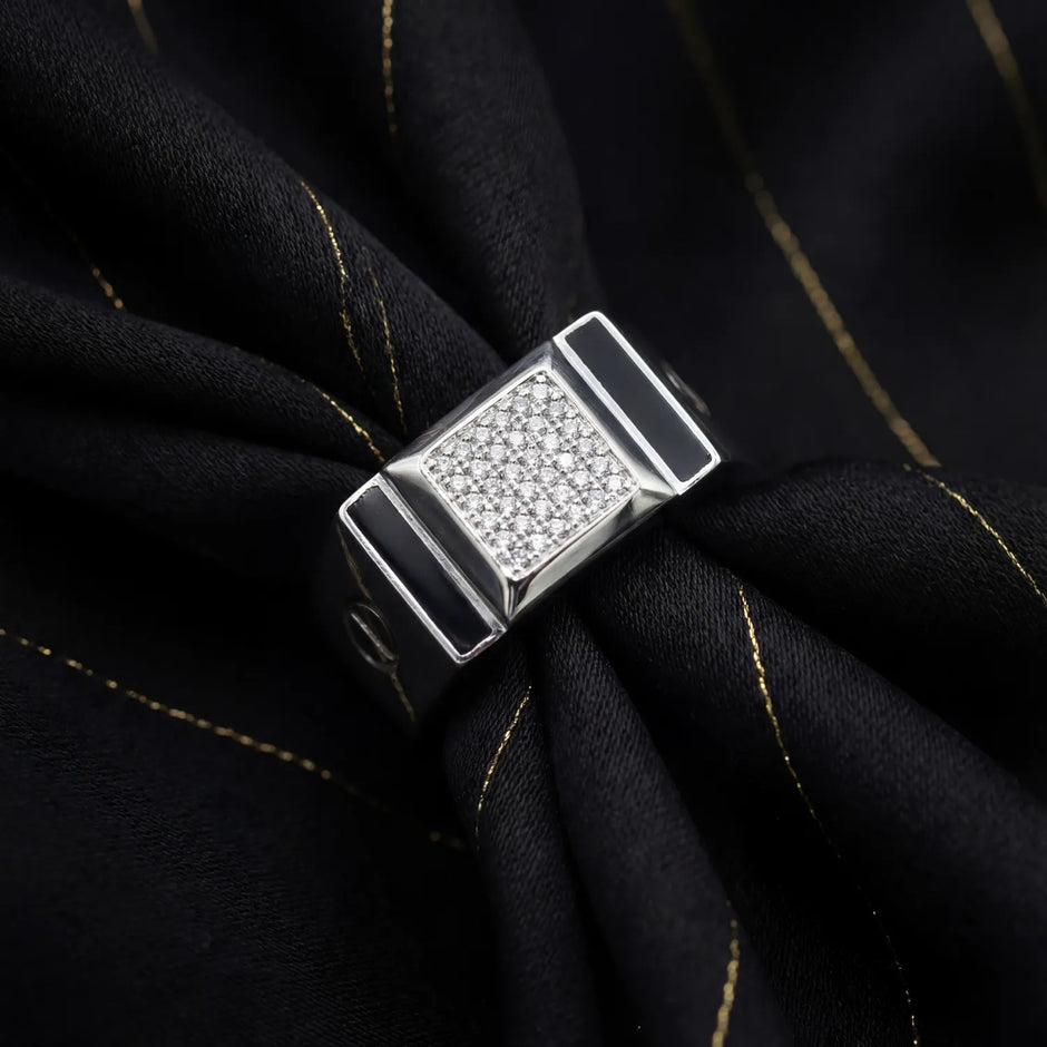 Black Inlay Rectangle Pavé 925 Sterling Silver Ring for Men