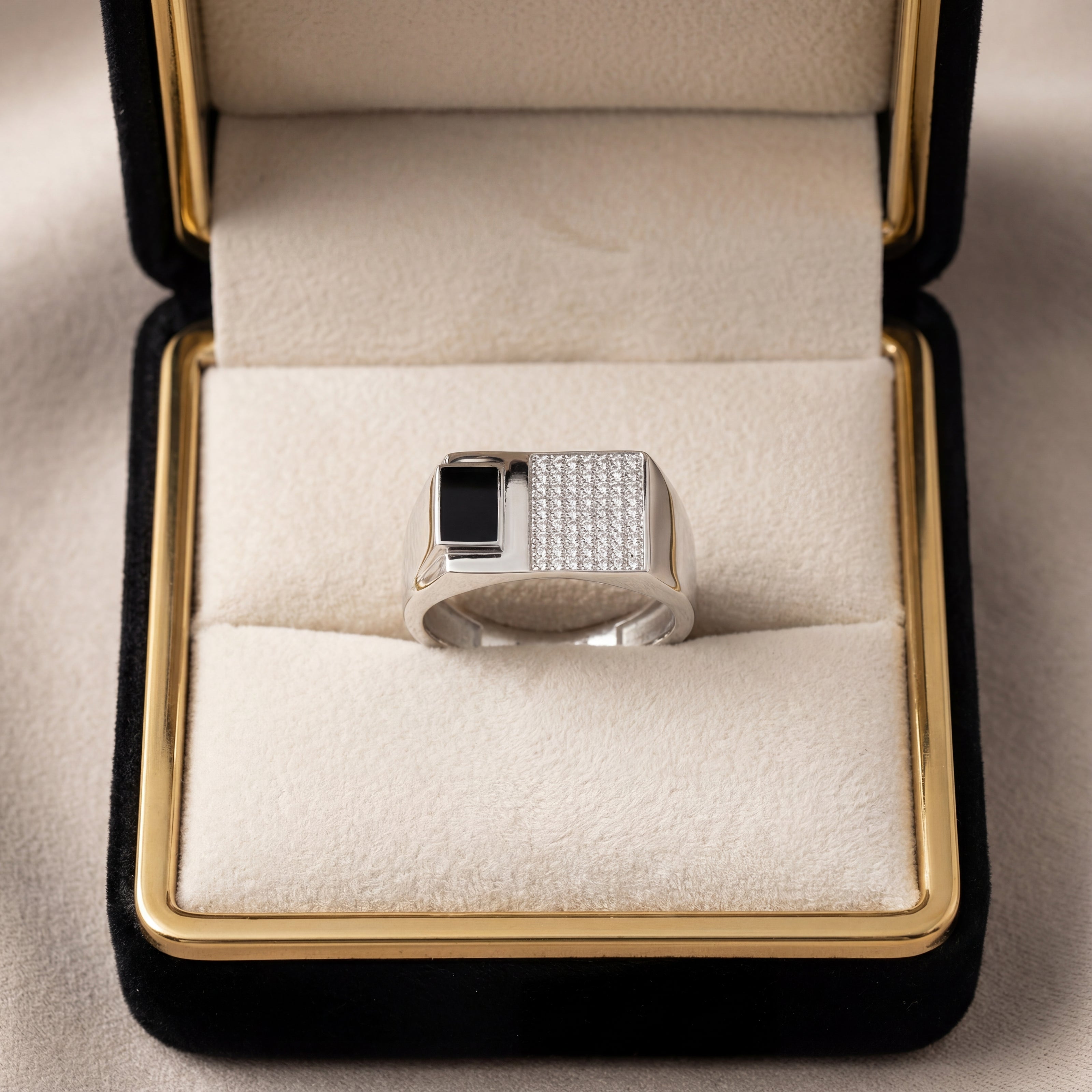 Dual Panel Black Stone & CZ Grid 925 Sterling Silver Ring for Men