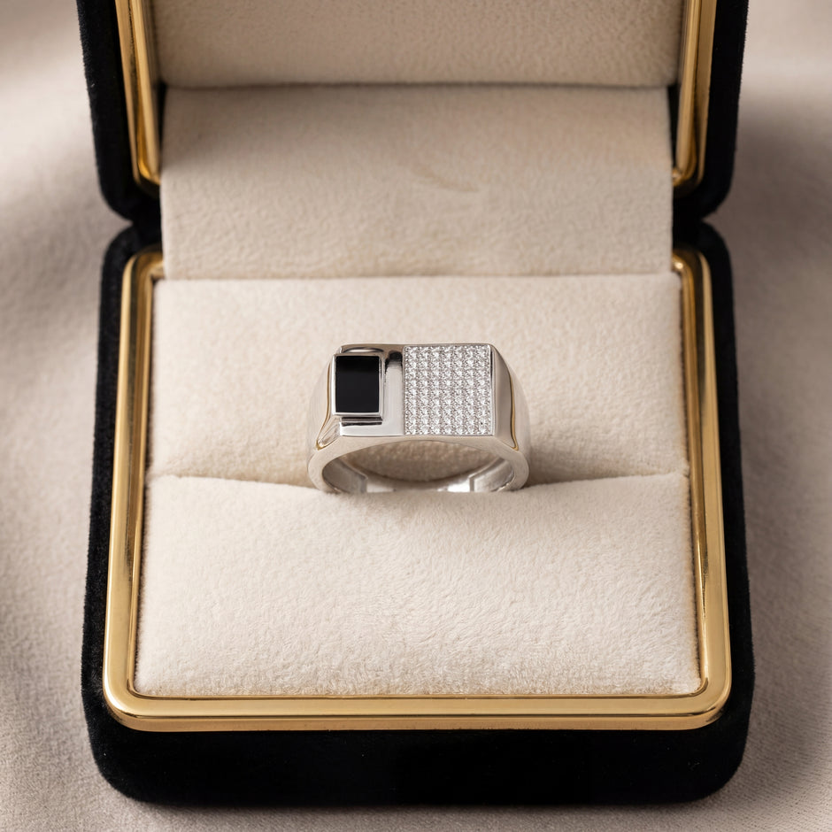 Dual Panel Black Stone & CZ Grid 925 Sterling Silver Ring for Men